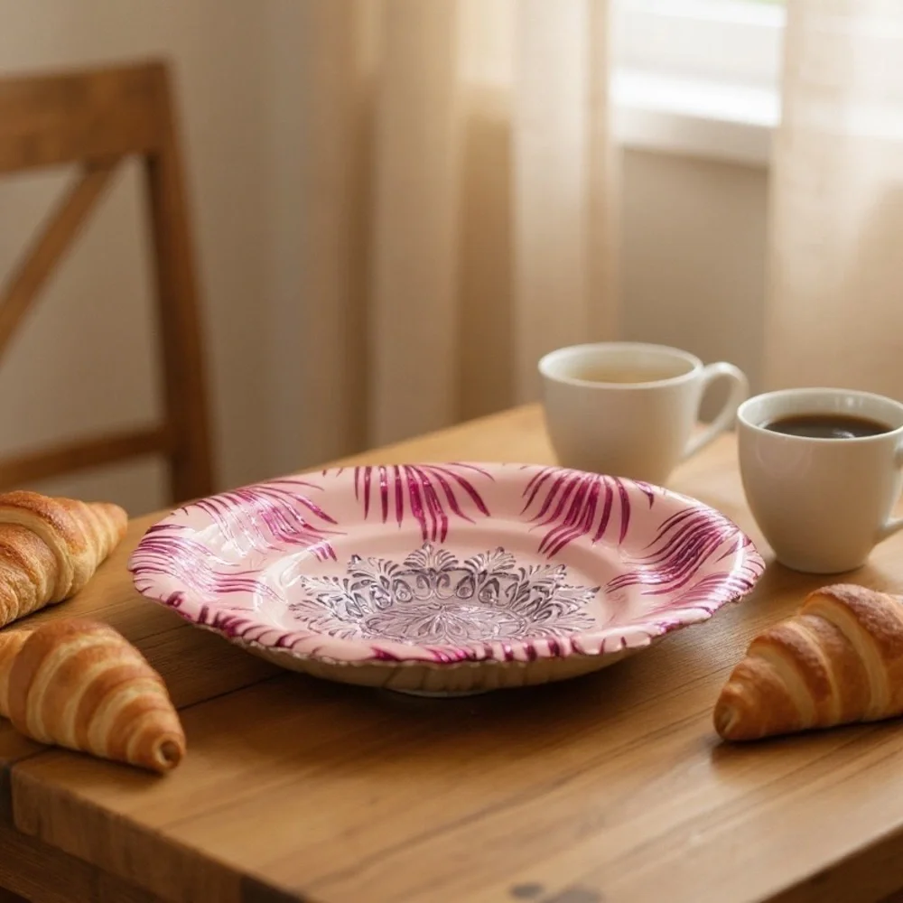 Turkish EFE Glass Bowl Pink & Silver Embossed, 8” Wide, 2” Deep